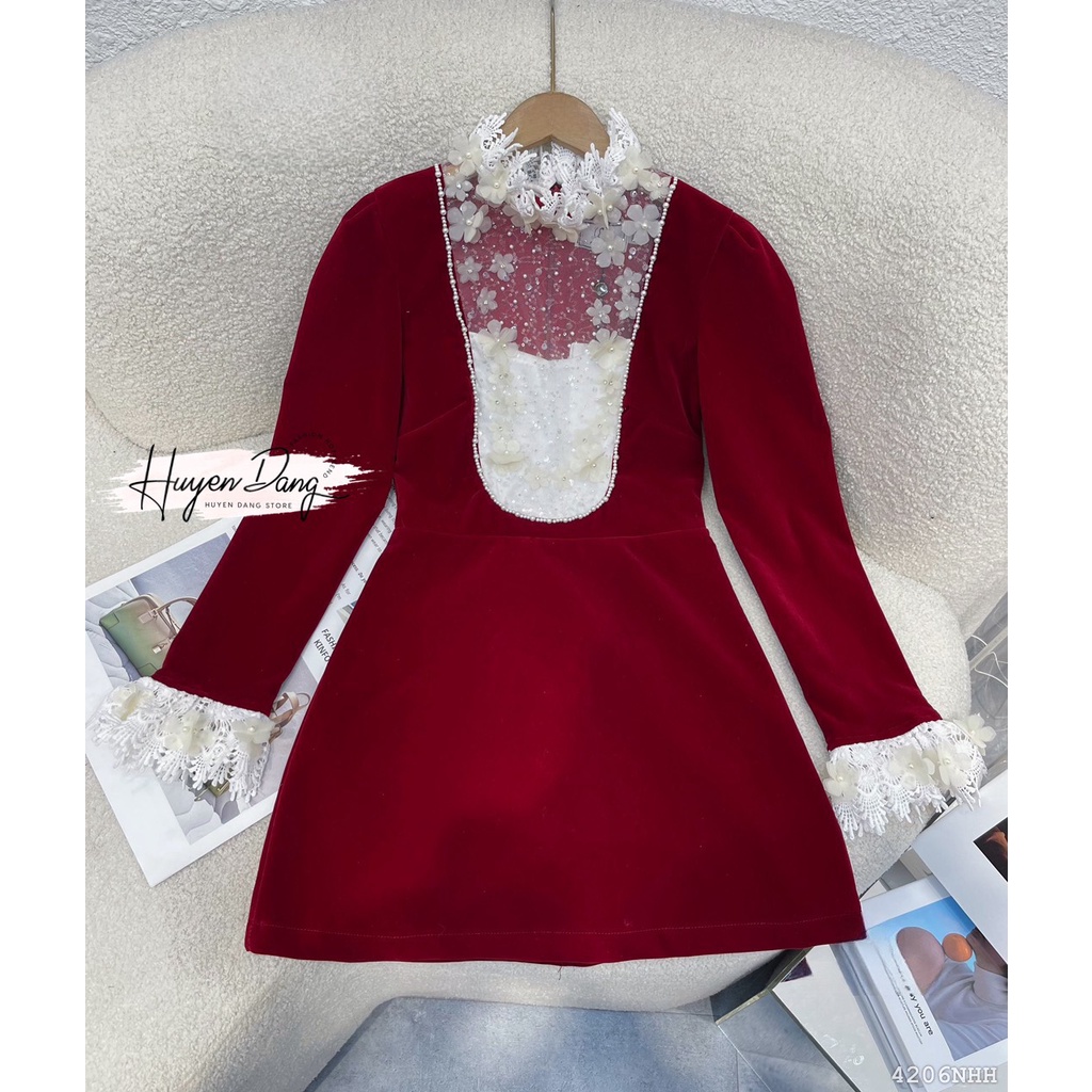 Đầm ngắn Tay dài chữ A phối ren 4206 - đầm thời trang nữ