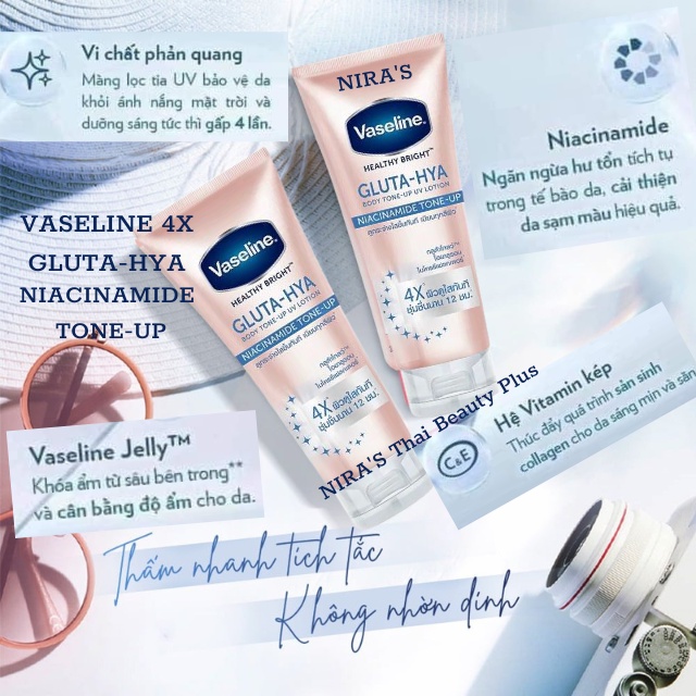 Cặp sữa dưỡng thể Vaseline 50x và Vaseline 4x Thái Lan dưỡng trắng da ngày và đêm