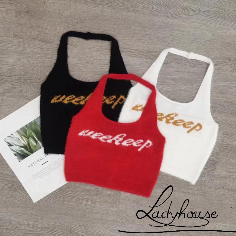 Áo Croptop Lông Hai Dây Hở Lưng In Chữ Thời Trang Mùa Hè Dành Cho Nữ