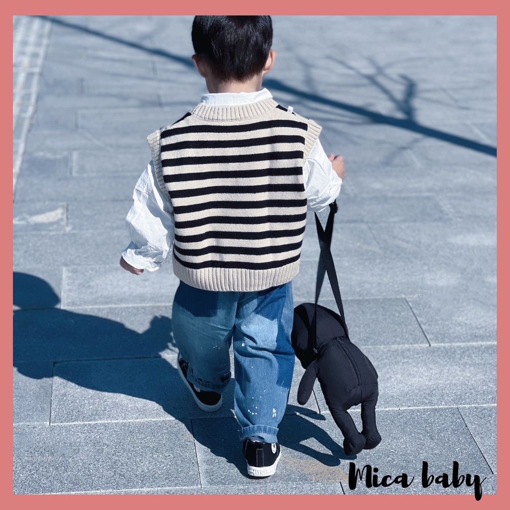 Áo gile len cổ tròn cộc tay kẻ sọc phong cách Hàn Quốc đáng yêu cho bé QA61 Mica baby