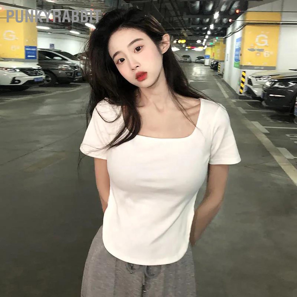 PunkyRabbit Áo Thun Nữ Tay Ngắn Slim Fit Cổ Vuông Liền Mạch Cơ Bản Cho Mùa Hè