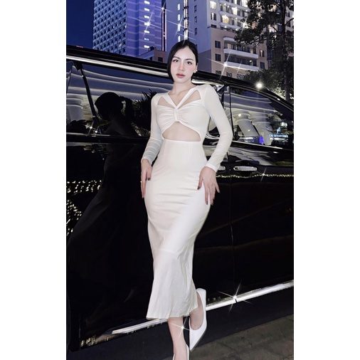 Đầm body cut-out trắng co giãn 4c Moon Dress HERNEEDs