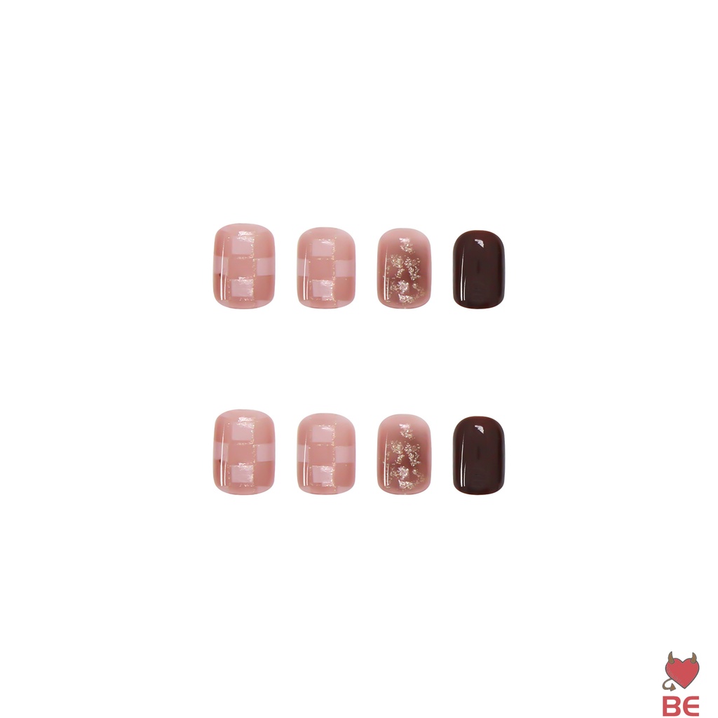 YADORNOS Set 24 móng tay giả YADORNOS dáng ngắn tông màu hồng họa tiết kẻ sọc ca rô ngọt ngào tháo rời được có keo thạch