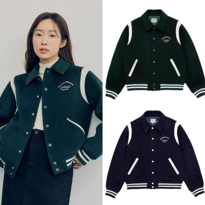 Áo Bomber Varsity Cao Cấp, áo bomber teddy cổ bẻ viền vai Hai Màu Xanh Đen
