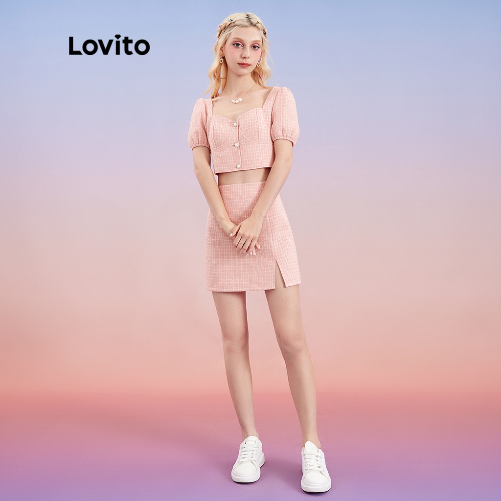 [Hàng có sẵn] Lovito Váy xẻ tà vải kẻ sọc dễ thương Kết cấu Chi tiết L30AD061 (Hồng nhạt)