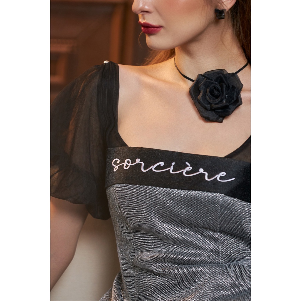 CHICHI - Váy taffta phối lưới bạc, xoè ly dẻ quạt Robe Couronne