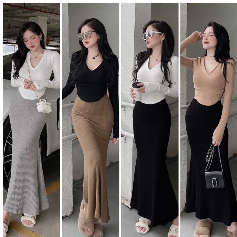 Set Áo Cổ Tim Kèm Chân Váy Đuôi Cá Ôm Body Thun gân