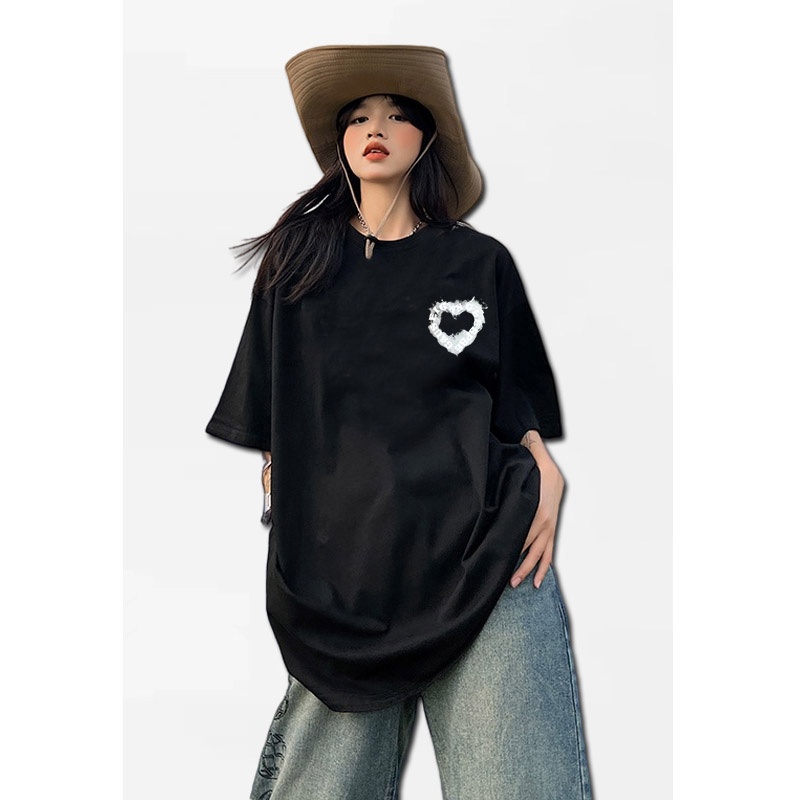 Áo thun pofloret dáng rộng ngắn tay in họa tiết tình yêu dành cho nữ