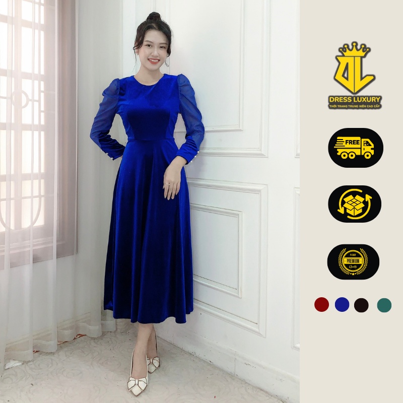 Đầm váy trung niên cho mẹ DRESS LUXURY NX dáng chữ A tay lỡ phối ren, cổ tròn, vải nhung cao cấp sang trọng đi tiệc