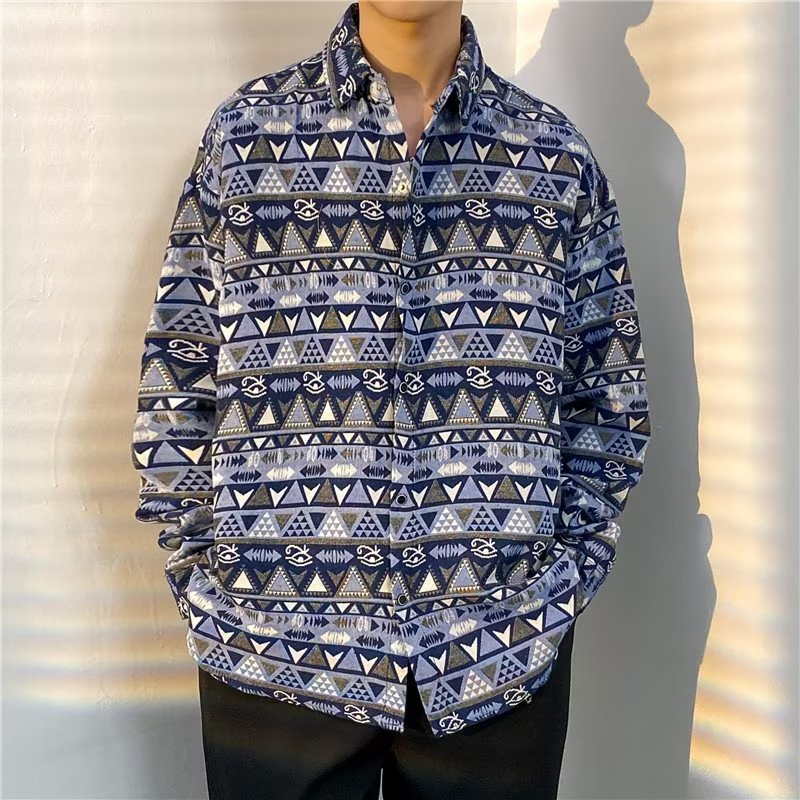 Autumn winter men's long-sleeved lining m-3xl harajuku style retro woven thêu áo sơ mi rời phong cách nhật bản hợp thời trang ruffian đẹp trai áo khoác giản dị