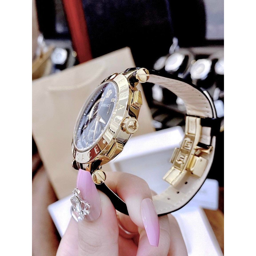 Cặp Đồng hồ nam nữ Versace ANALLOGUE DIAL MEN  dây da Mặt đen - Máy Swiss Quartz- Bảo Hành 24 Tháng
