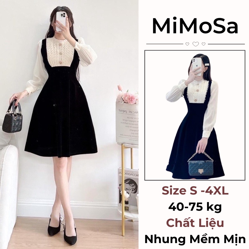 Váy Tiểu Thư Mimosa, Đầm Nhung Dự Tiệc Tay Voan Phối Cúc Đính Đá Sang Trọng, Thanh Lịch