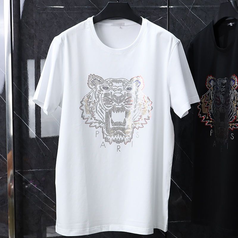 Áo Thun Cotton Ngắn Tay Cổ Tròn In Hình Hổ Đính Đá Phong Cách Đường Phố Cho Nam