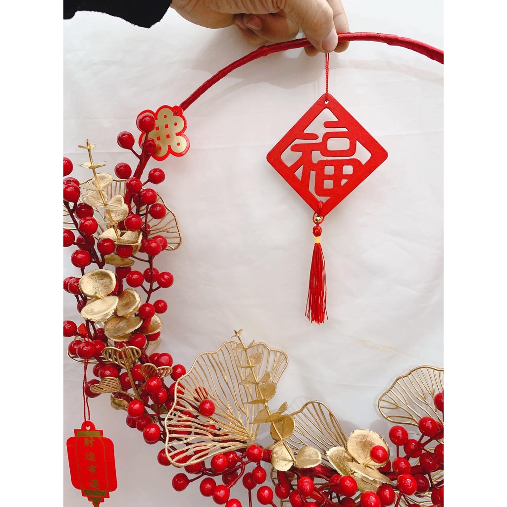 Vòng tài lộc treo cửa Decor trang trí ngày tết may mắn Đón xuân- Vòng hoa đào đông đỏ đón tết may mắn Tài Lộc năm mới