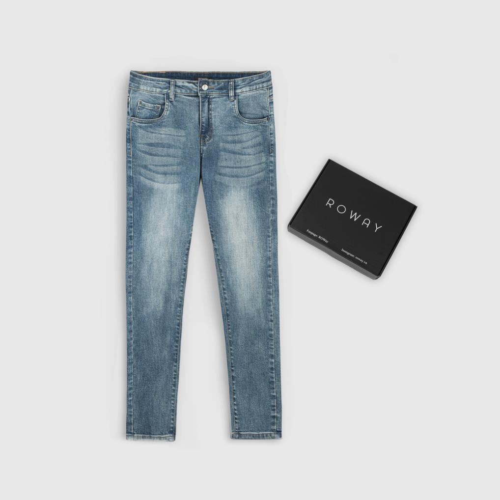 Quần jean nam ROWAY Fullbox, vải denim co giãn nhẹ, form skinny | Jean xanh trơn ❕