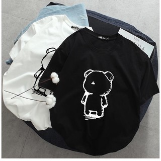 Áo thun cotton nữ tay ngắn, áo phông nữ hình gấu trắng đen, Áo thun cổ tròn tay lỡ