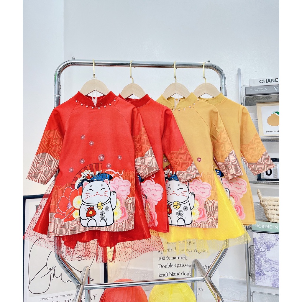 Áo Dài Cách Tân Cho Bé, Áo Dài Họa Tiết Mèo Thần Tài Siêu Dễ Thương Cho Bé Trai Bé Gái (Size 8 - 22kg)