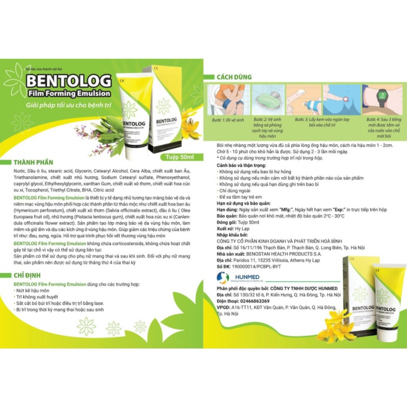 Gel bôi trĩ bông hoa BENTOLOG và viên đặt BENTOLOX - Nhũ tương tạo màng bảo vệ da vùng hậu môn
