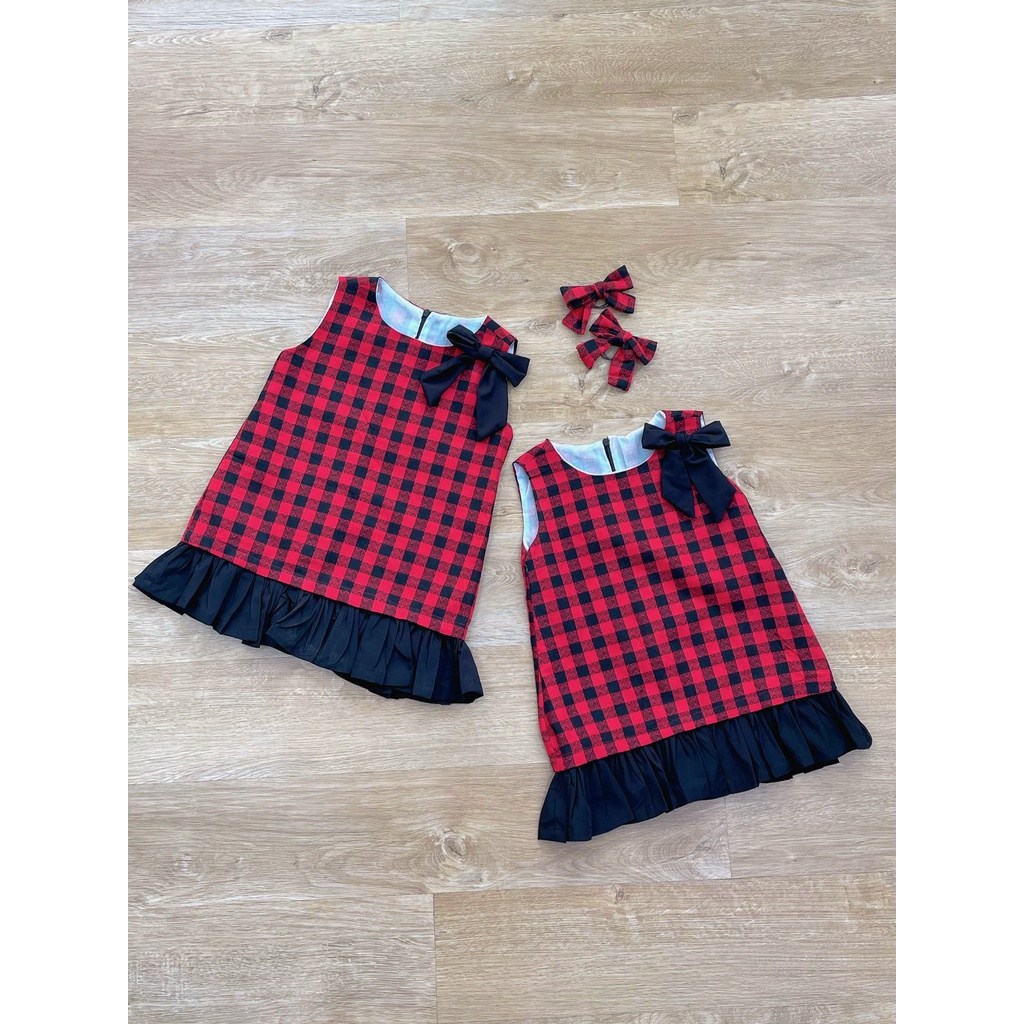 M197 - Đầm Suông Nơ Vai Caro Bèo Đen Cho Bé Gái 9kg-30kg