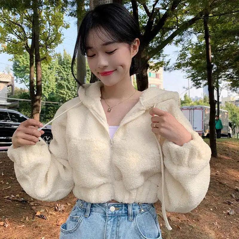 Áo Khoác Croptop Lông Cừu Màu Trơn Có Khóa Kéo Thời Trang Thu Đông Cho Nữ