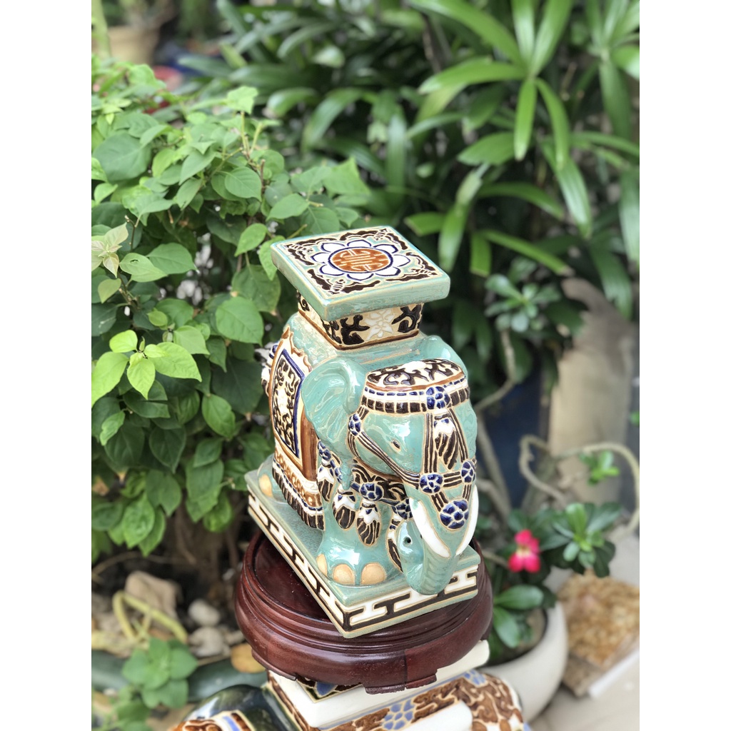 ĐÔN VOI GỐM SỨ TRANG TRÍ DECOR 30CM MEN XANH ĐỒNG TRỔ