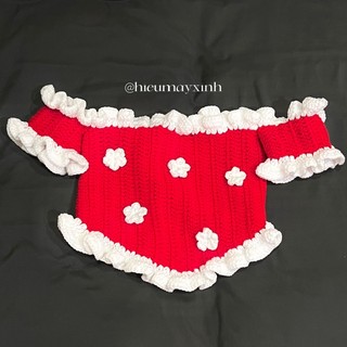 Sabrina girl💋 áo len crochet phiên bản Giáng Sinh trễ vai nhún bèo đỏ quyến rũ