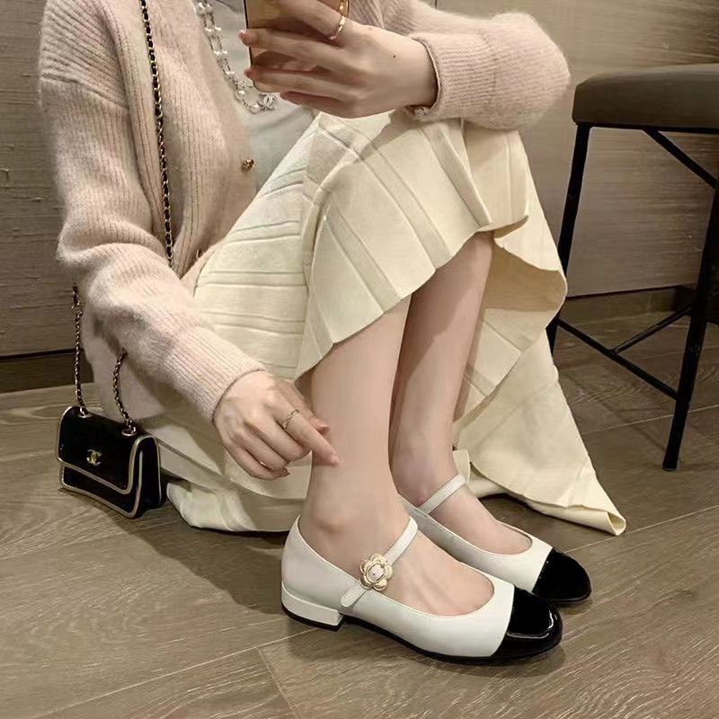 Giày Mary Jane mũi trơn bóng phối màu phong cách thu đông kiểu Pháp gót thấp dễ đi G17