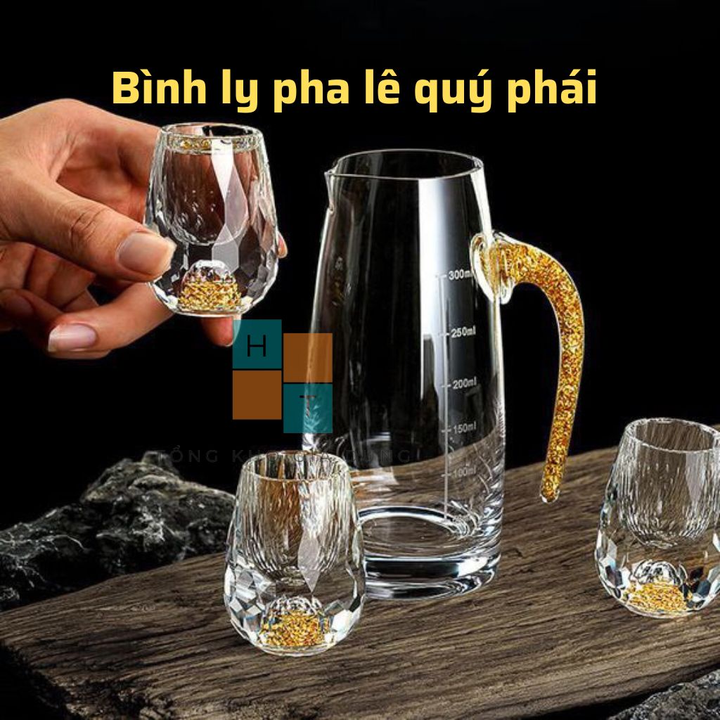 Bộ bình ly rượu pha lê quý tộc kèm vàng lá Gold 24K cao cấp Set 1 bình 6 ly kèm hộp HT-R01 - Tổng kho HT