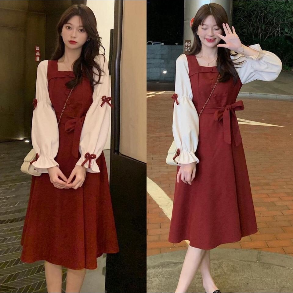 Đầm Váy Thu Đông Màu Đỏ Thiết Kế Công Sở Dài Tay Mặc Qua Gối