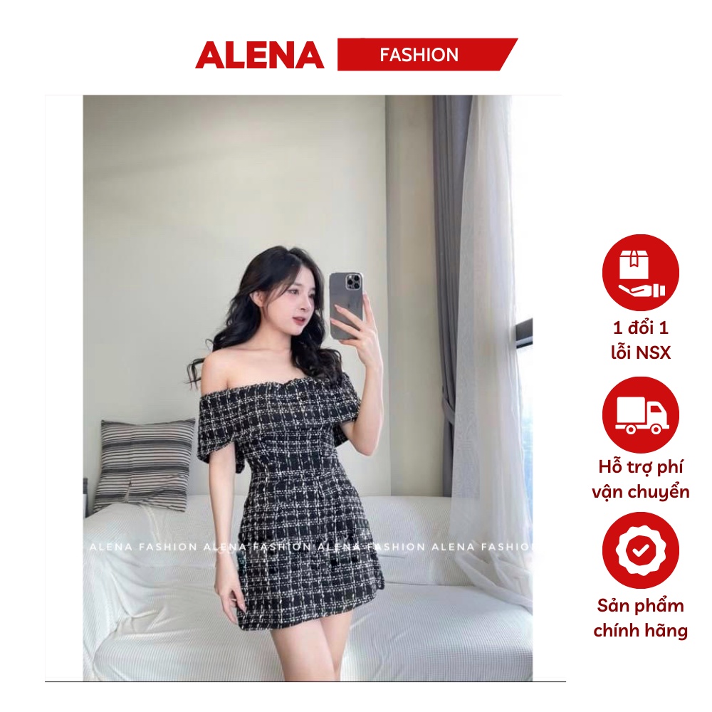 Váy trễ vai ALENA Fahion váy thu đông váy dạ tweed kẻ đen trắng dáng xoè tiểu thư phong cách Hàn Quốc trẻ trung