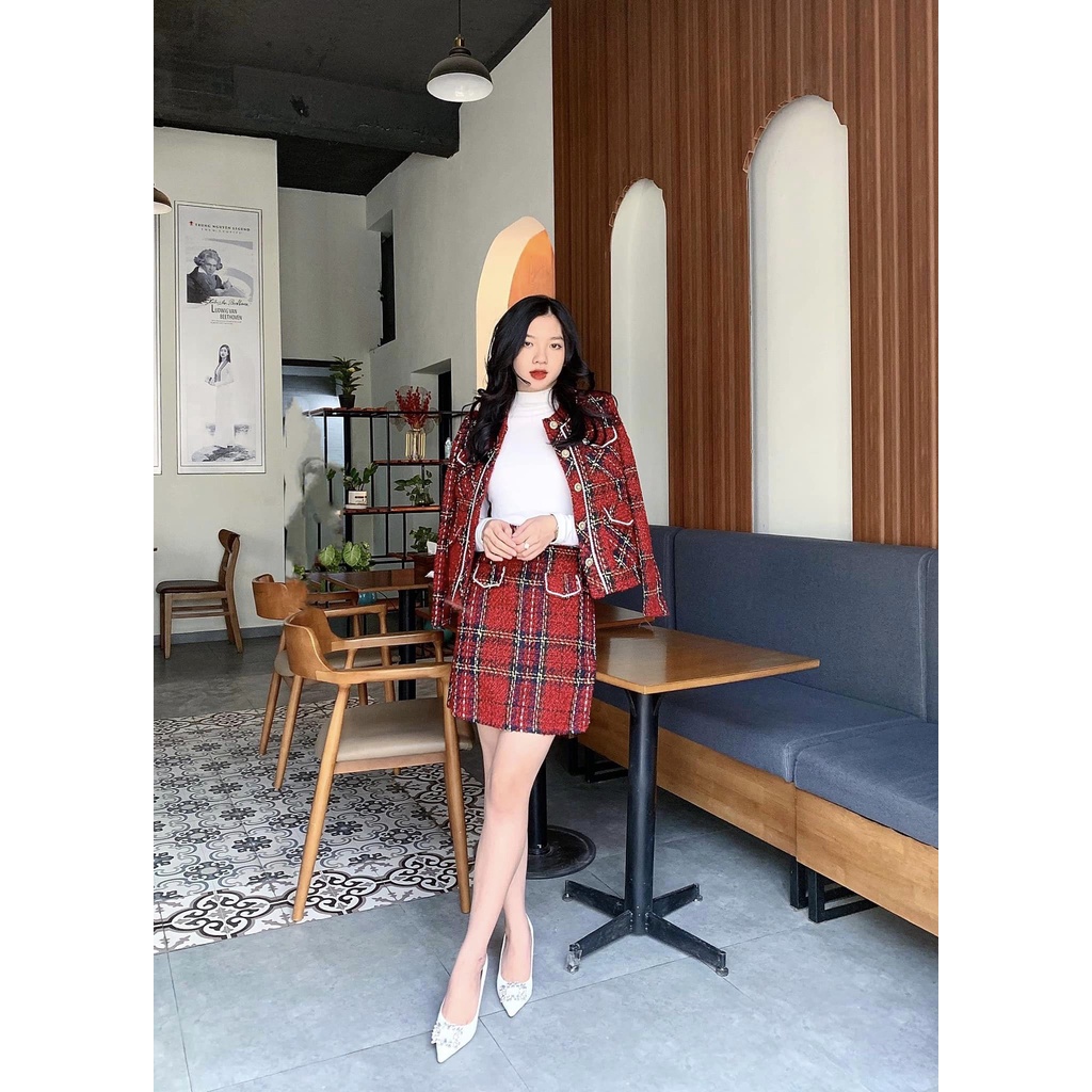 Chân Váy Dạ Tweed Nữ Minz Store Mã 3595A, Thiết Kế Dáng A Ngắn 2 Nắp Túi Hàn Quốc