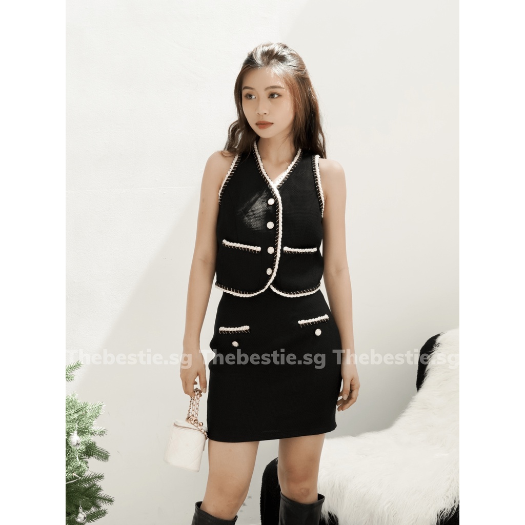 Set áo gile chân váy chất tweed