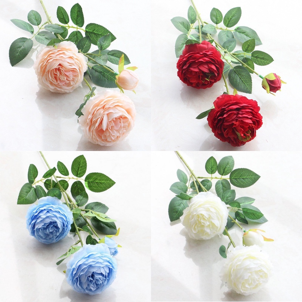 Combo 3 cành hoa hồng lụa cao cấp 65cm 1 nhánh 2 bông 1 nụ nhiều màu trang trí phòng, decor nhà cửa, trang trí tết, noel