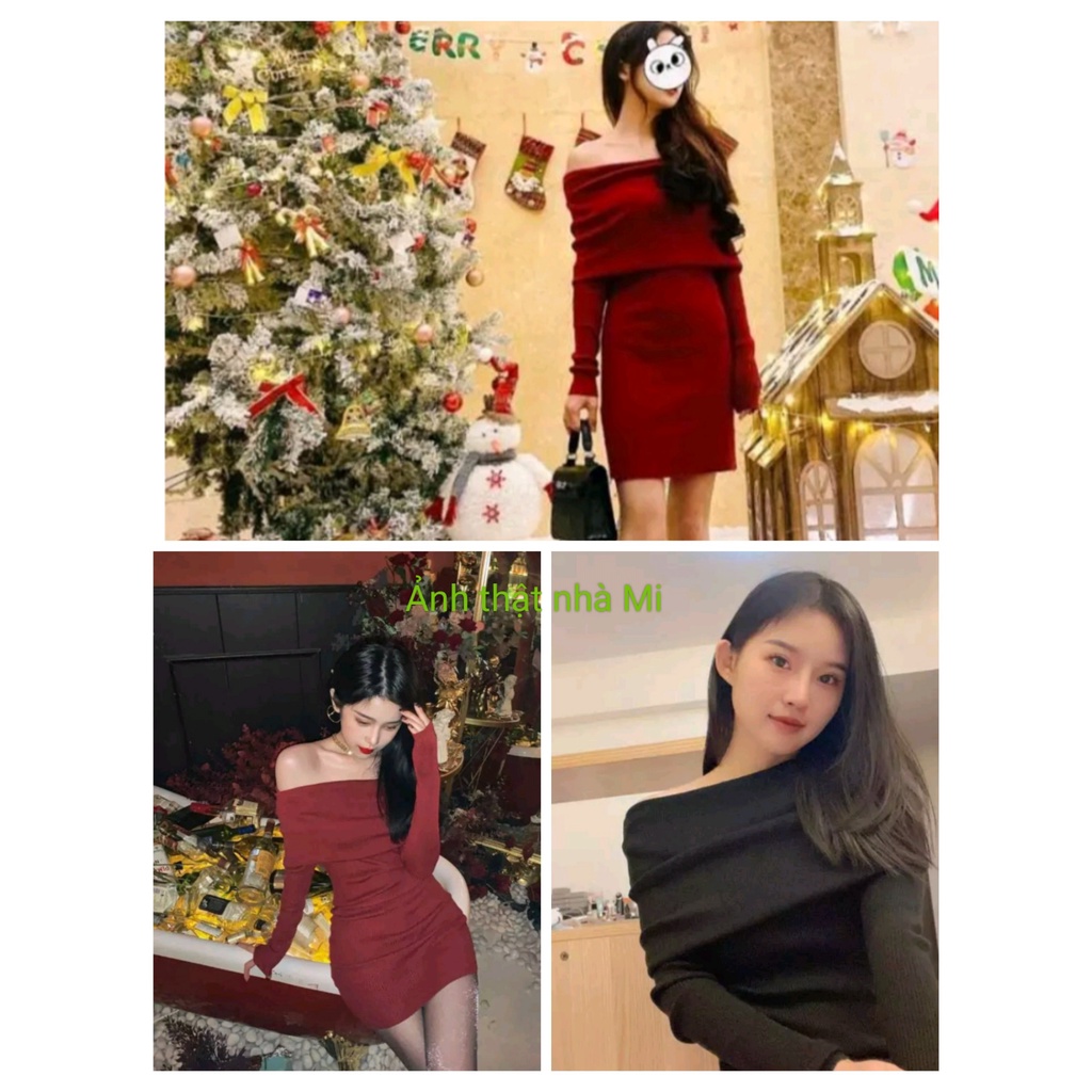 Đầm body trễ vai chất thun gân tay dài 2 màu đen - đỏ đô, đầm váy nữ trễ vai tay dài thun gân mềm mại MIDORI247