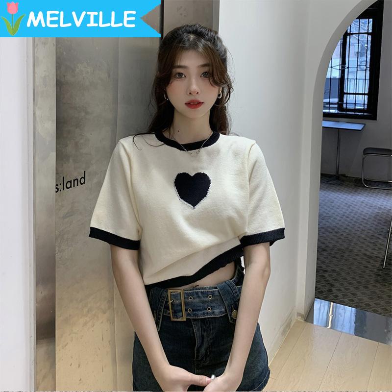 MELVILLE Áo Thun Dệt Kim Tay Ngắn Dáng Rộng Thêu Hình Trái Tim Màu Trắng Đen Thời Trang Mùa Hè 2023 Dành Cho Bạn Nữ