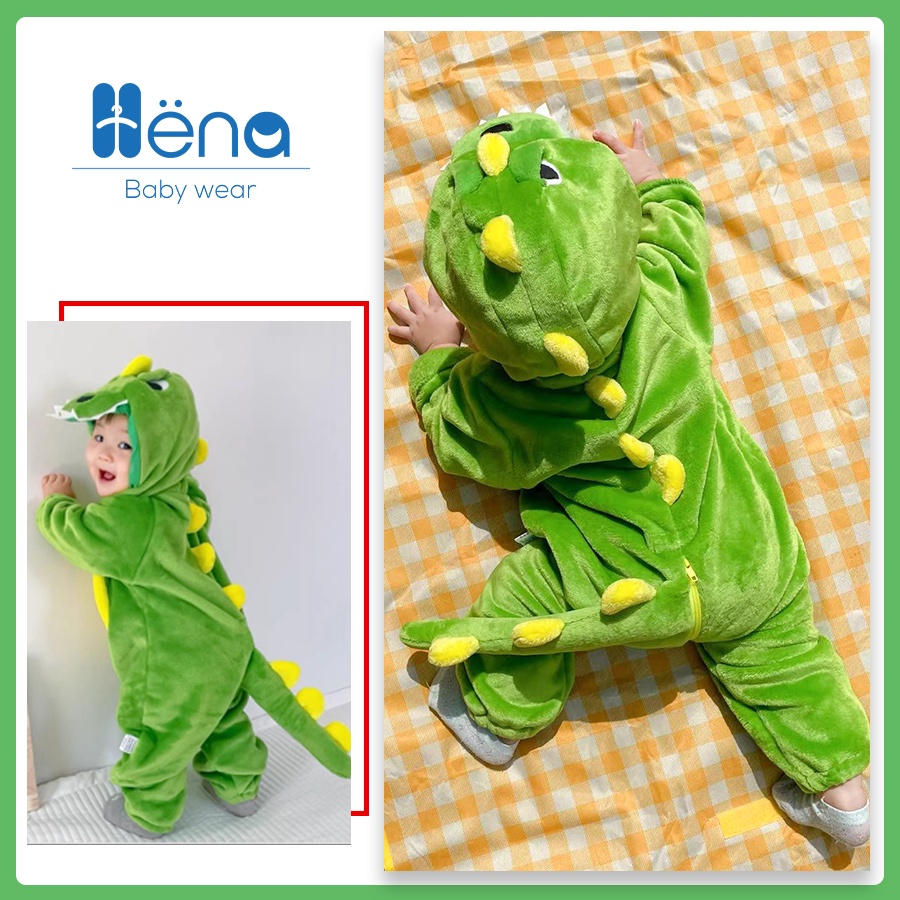 Bộ Body KHỦNG LONG XANH Cho bé - Body lông cừu cho bé CAO CẤP từ 3-20kg, đồ liền thân mùa đông trẻ em - Henashop