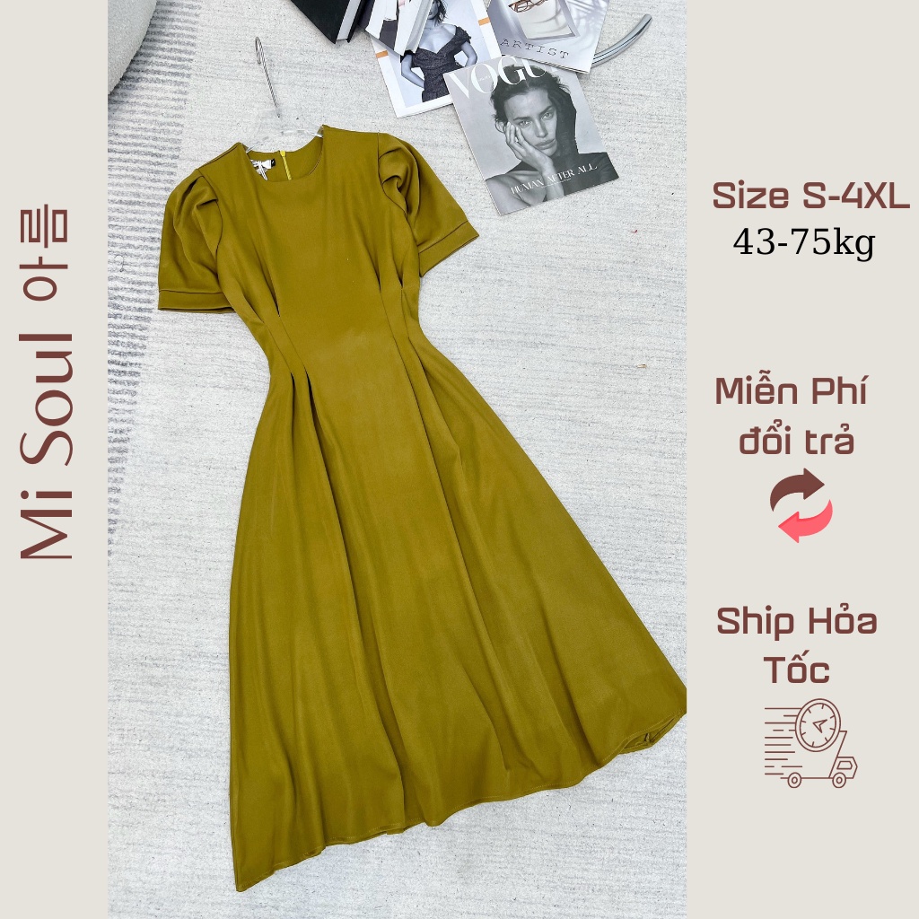 Đầm váy nữ dài Misoul cổ sơ mi chiết eo lưng buộc nơ sau cộc tay nhiều màu