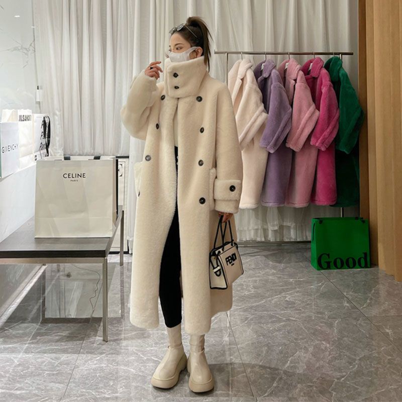 [S N ph m] Áo Khoác Lông Cừu Dày Dáng Dài Cổ Đứng Hai Hàng Nút Cài Phong Cách Hàn Quốc Dễ Phối Đồ Mùa Đông Cho Nữ