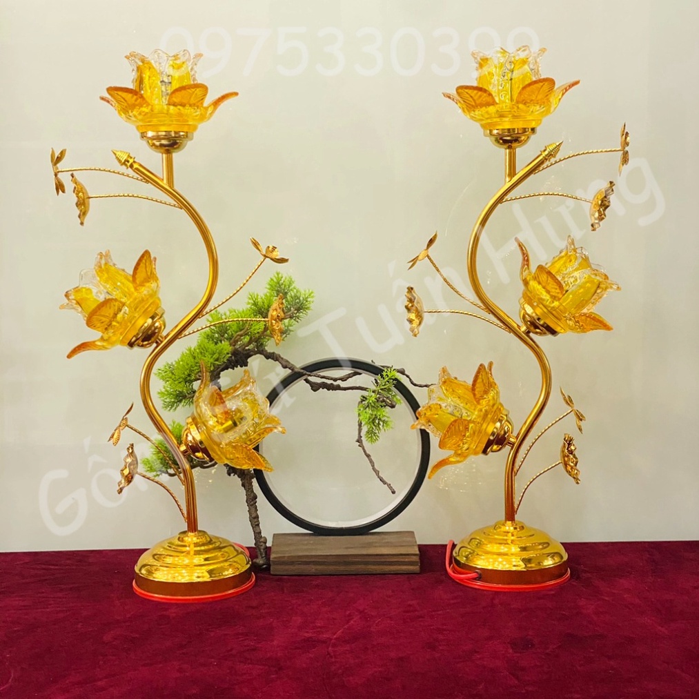 Đèn thờ hoa sen bông thủy tinh ánh sáng vàng, đèn thờ thủy tinh ba bông