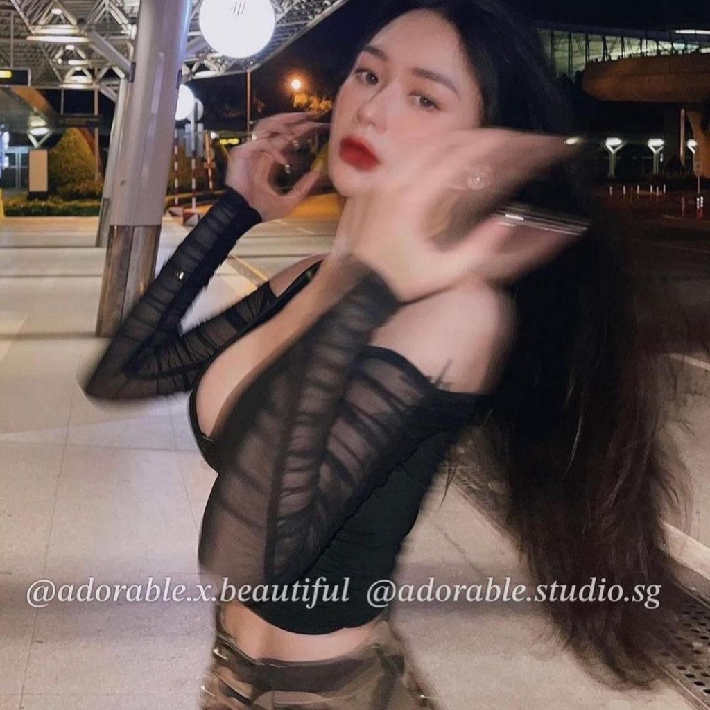 Áo Thun Tay Dài Phối Lưới Dây Kéo Cổ Tròng Đen Trơn Phong Cách Sexy Quyến Rũ