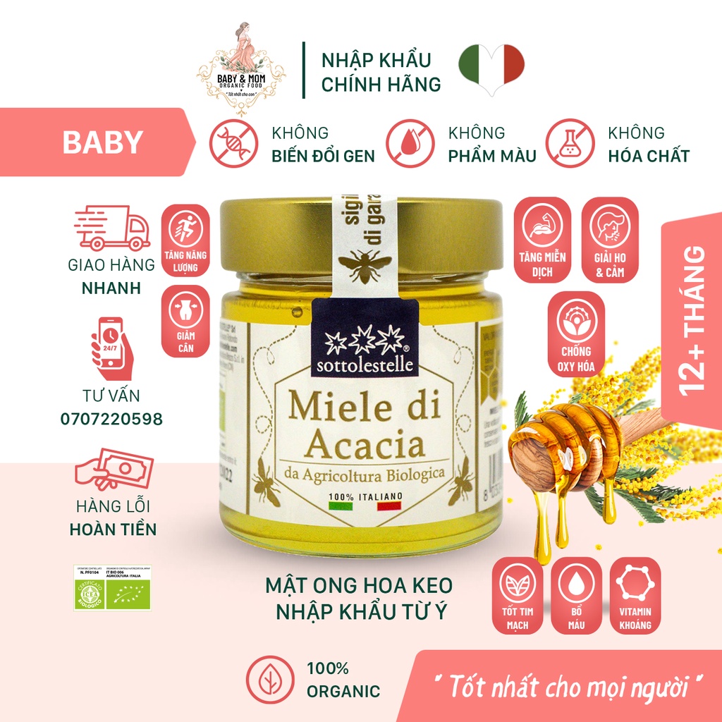 Mật ong hoa keo Acacia hữu cơ Sottolestelle 280g