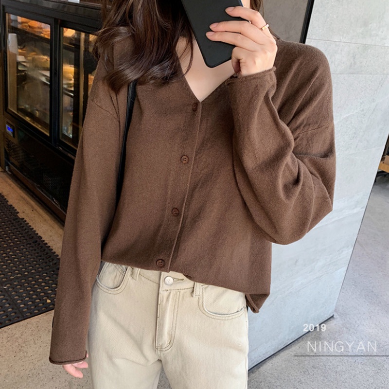 Áo Khoác Cardigan Dệt Kim Tay Dài Cổ Chữ v Màu Sắc Đơn Giản