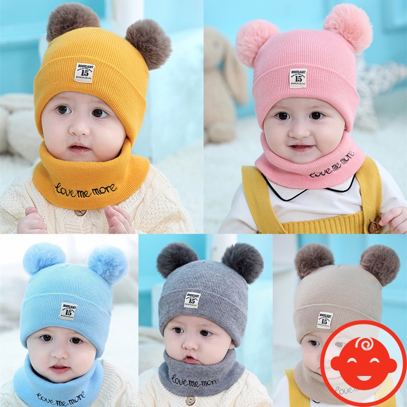 Mũ len 2 quả bông KÈM KHĂN cho bé