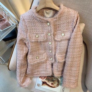 Áo khoác Dạ Tweed Viền Lông Bên Trong trần bông màu Hồng Pastel