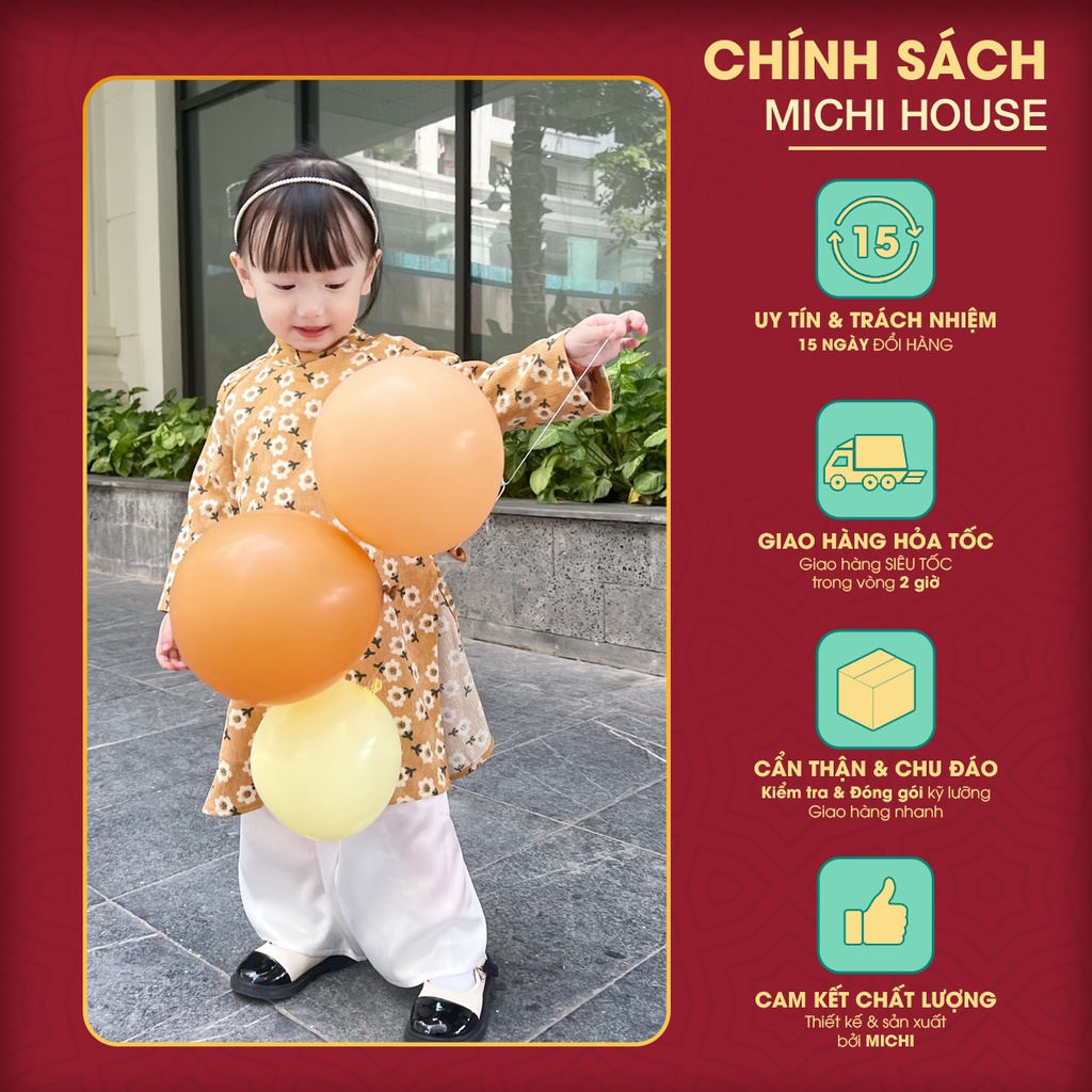 Set Áo Dài Bé Gái Dáng Suông Michi House Váy Xuông Truyền Thống Mặc Lễ Tết Cho Bé Mặc An Toàn Cho Da ADB2