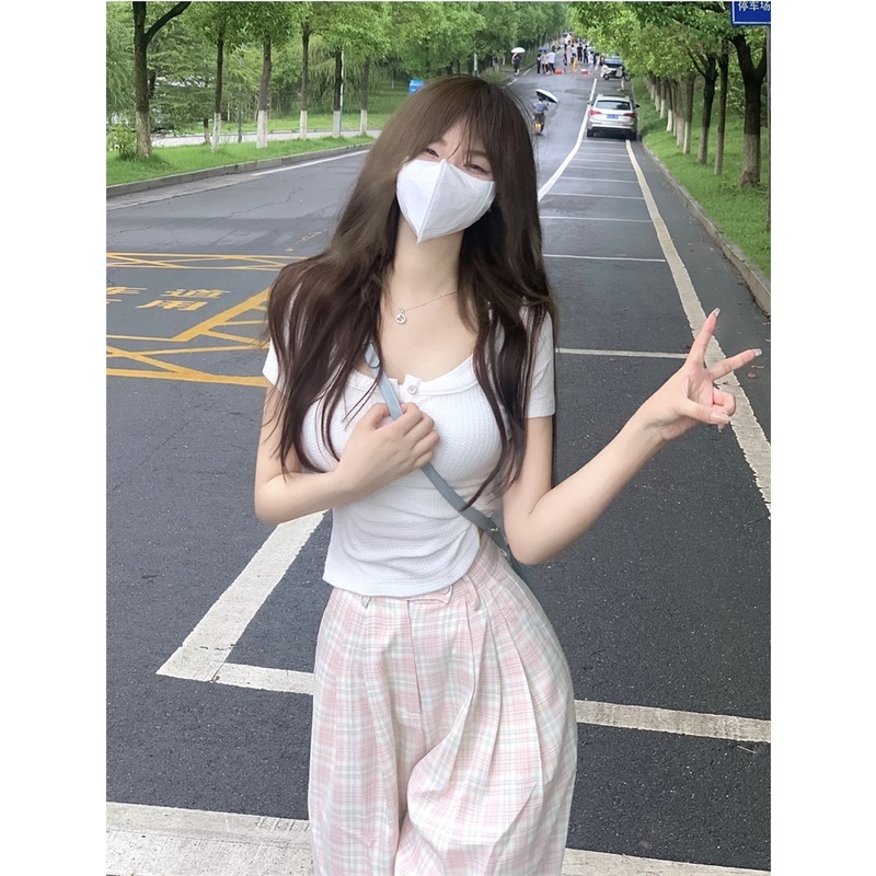 Quần Dài Nữ Ca Rô Lưng Cao Ống Đứng Thời Trang Hàn