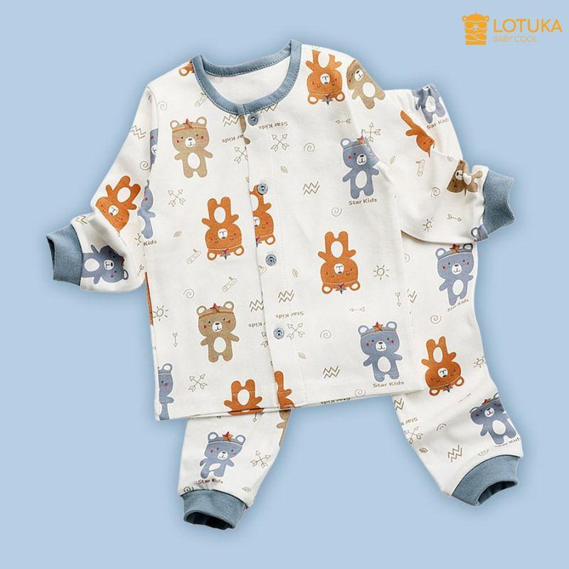 Bộ Dài Tay Cài Cúc Lotuka Chất Cotton 100% Mềm Mịn, Quần Áo Thu Đông Cho Bé Trai, Bé Gái 4-18kg