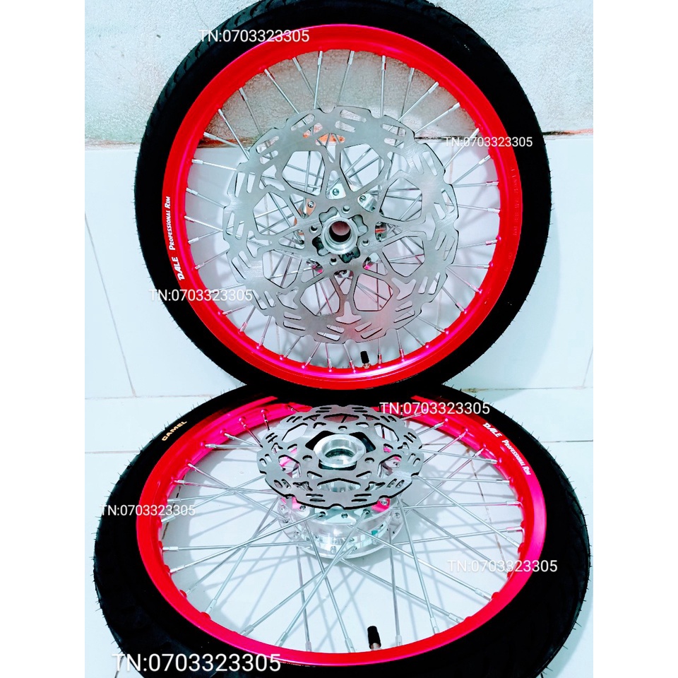 CẶP BÁNH CĂM RAIDER SATRIA NIỀN NHÔM DALE .BAN ZAI .SOLUTE. SH THÁI HỒNG  KÈM 2 ĐĨA VÀ VỎ CAMEL 50.100.60.80