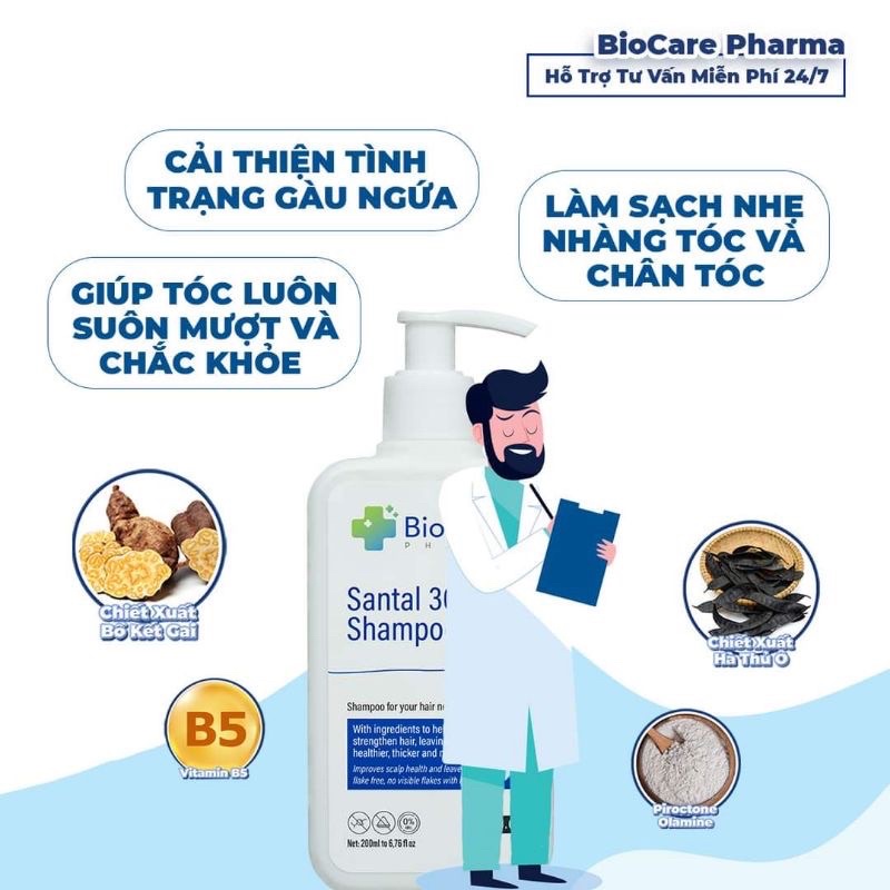 Chính hãng Bio Care Pharma Santal 300 Shampoo 200ml - Dầu Gội Dược Liệu giảm gàu, nấm ngứa da đầu