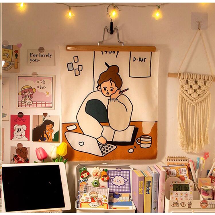 Tranh vải treo tường may viền trang trí decor phòng ngủ bàn học dễ thương họa tiết cô gái